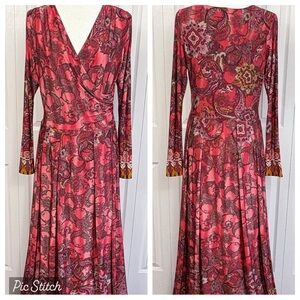 Koh Koh Dark Pink Multi Boho Paisley Stretch Long Sleeve Maxi Dress